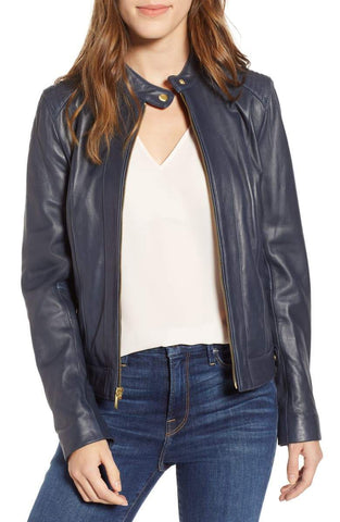 Cole Haan Leather Moto Jacket Navy