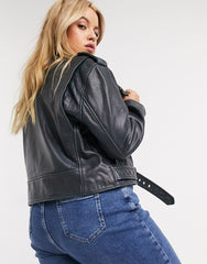 Curve washed leather biker jacket