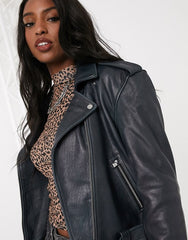 Tall washed leather biker jacket in black