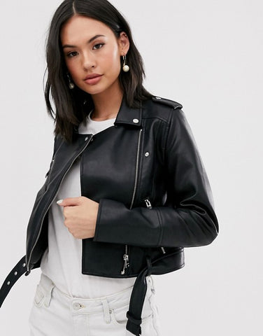 Pull&Bear faux leather biker jacket in black