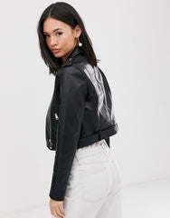 Pull&Bear faux leather biker jacket in black