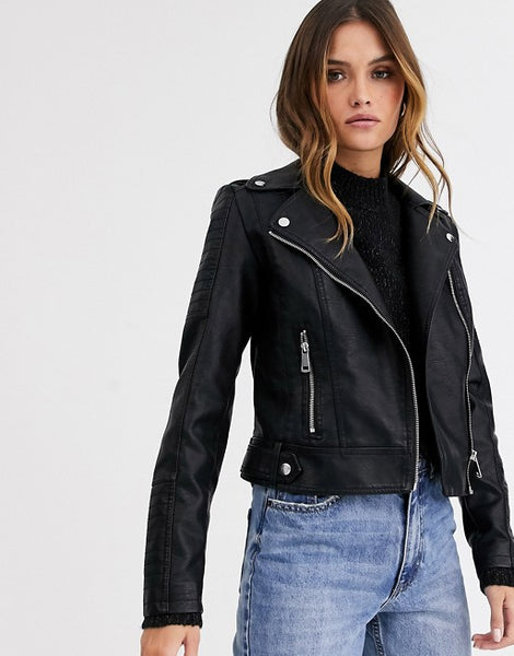 Vero Moda leather look biker jacket in black