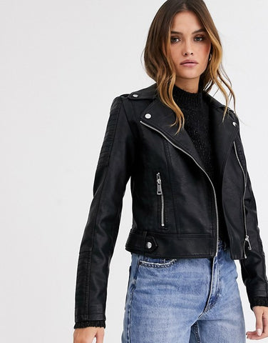 Vero Moda leather look biker jacket in black