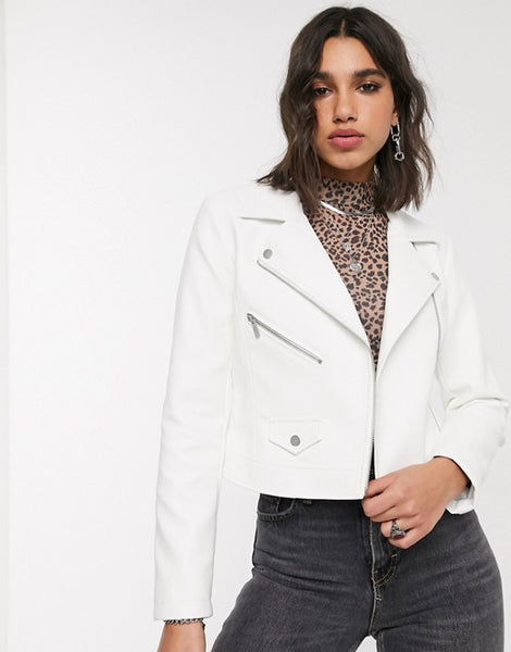 Faux white leather biker jacket