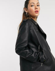 Noisy May oversized leather look jacket in black