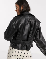 Stradivarius 80's faux leather biker jacket in black