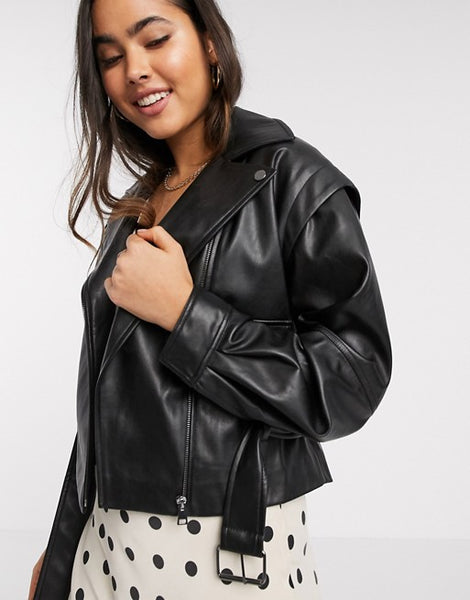 Stradivarius 80's faux leather biker jacket in black