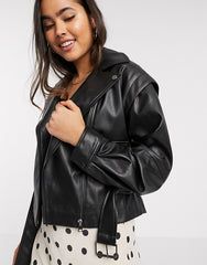 Stradivarius 80's faux leather biker jacket in black