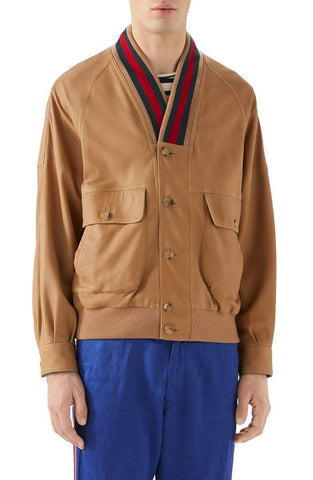 Web Trim Leather Bomber Jacket