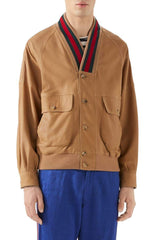 Web Trim Leather Bomber Jacket