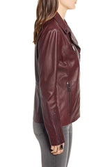 BERNARDO Curry Lamb Leather Moto Jacket Merlot