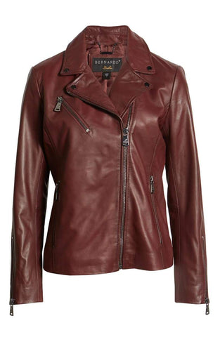 BERNARDO Curry Lamb Leather Moto Jacket Merlot