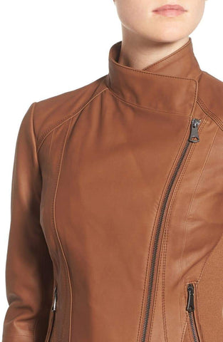 Andrew Marc Felix Stand Collar Leather Jacket Whikey
