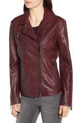 BERNARDO Curry Lamb Leather Moto Jacket Merlot