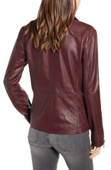 BERNARDO Curry Lamb Leather Moto Jacket Merlot