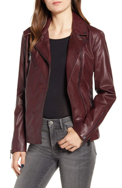 BERNARDO Curry Lamb Leather Moto Jacket Merlot