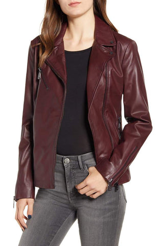 BERNARDO Curry Lamb Leather Moto Jacket Merlot