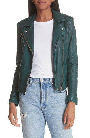 IRO Leather Moto Jacket Dark Green