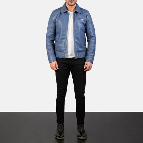 Lavendard Blue Leather Biker Jacket