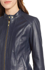 Cole Haan Leather Moto Jacket Navy