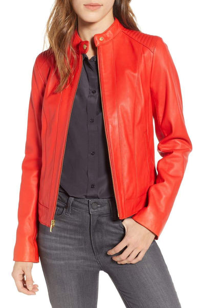 Cole Haan Leather Moto Jacket Red