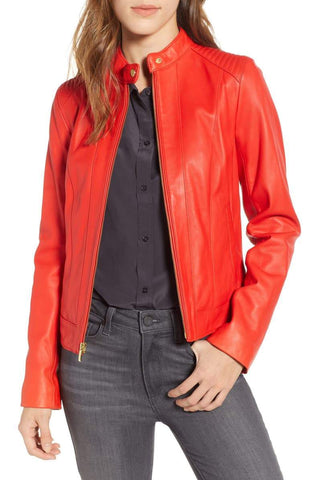 Cole Haan Leather Moto Jacket Red