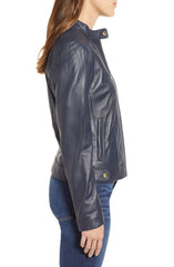 Cole Haan Leather Moto Jacket Navy