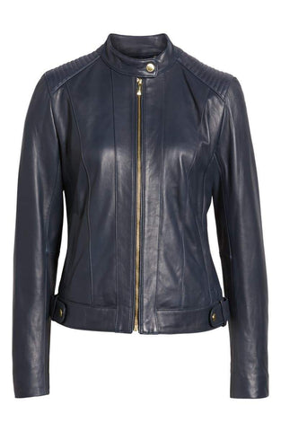 Cole Haan Leather Moto Jacket Navy