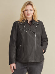 Plus Size Leather Jacket with Metallic Details