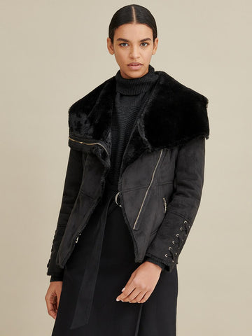 Faux-Shearling Asymmetric Belted Coat
