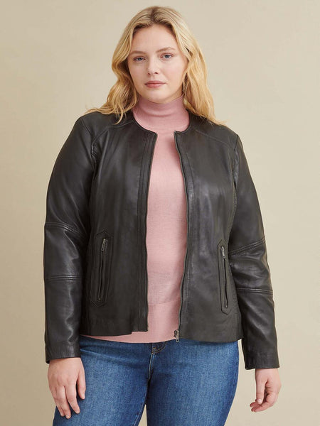 Plus Size Leather Jacket with Side Stitching