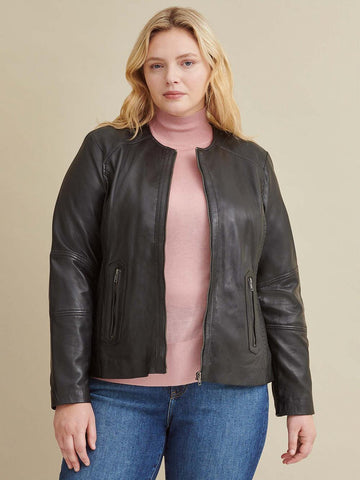 Plus Size Leather Jacket with Side Stitching