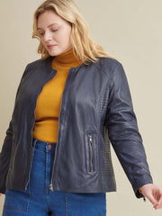 Plus Size Leather Jacket with Side Stitching