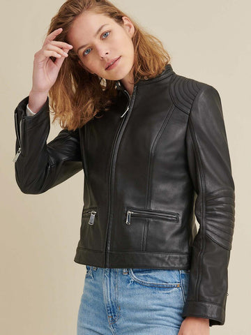 Leather Jacket with Quilted Shoulder