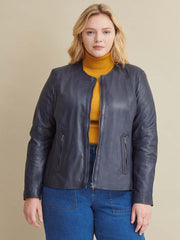 Plus Size Leather Jacket with Side Stitching