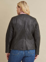 Plus Size Leather Jacket with Side Stitching