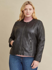 Plus Size Leather Jacket with Side Stitching