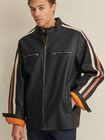 Big & Tall Motorcycle Faux-Leather Jacket with Stripe